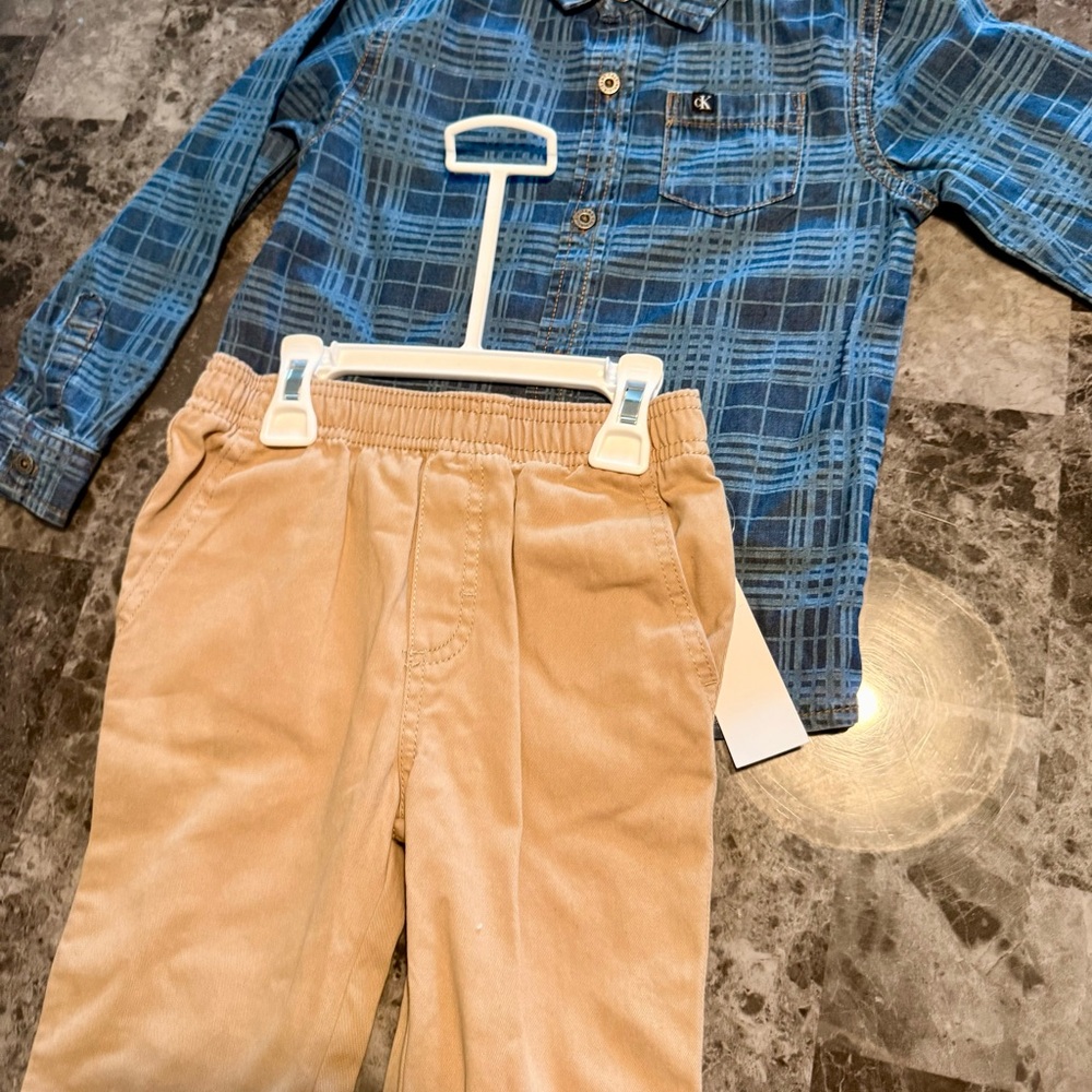 Calvin Klein Toddler Outfit Plaid Button Down Shirt + Tan Pants 4T